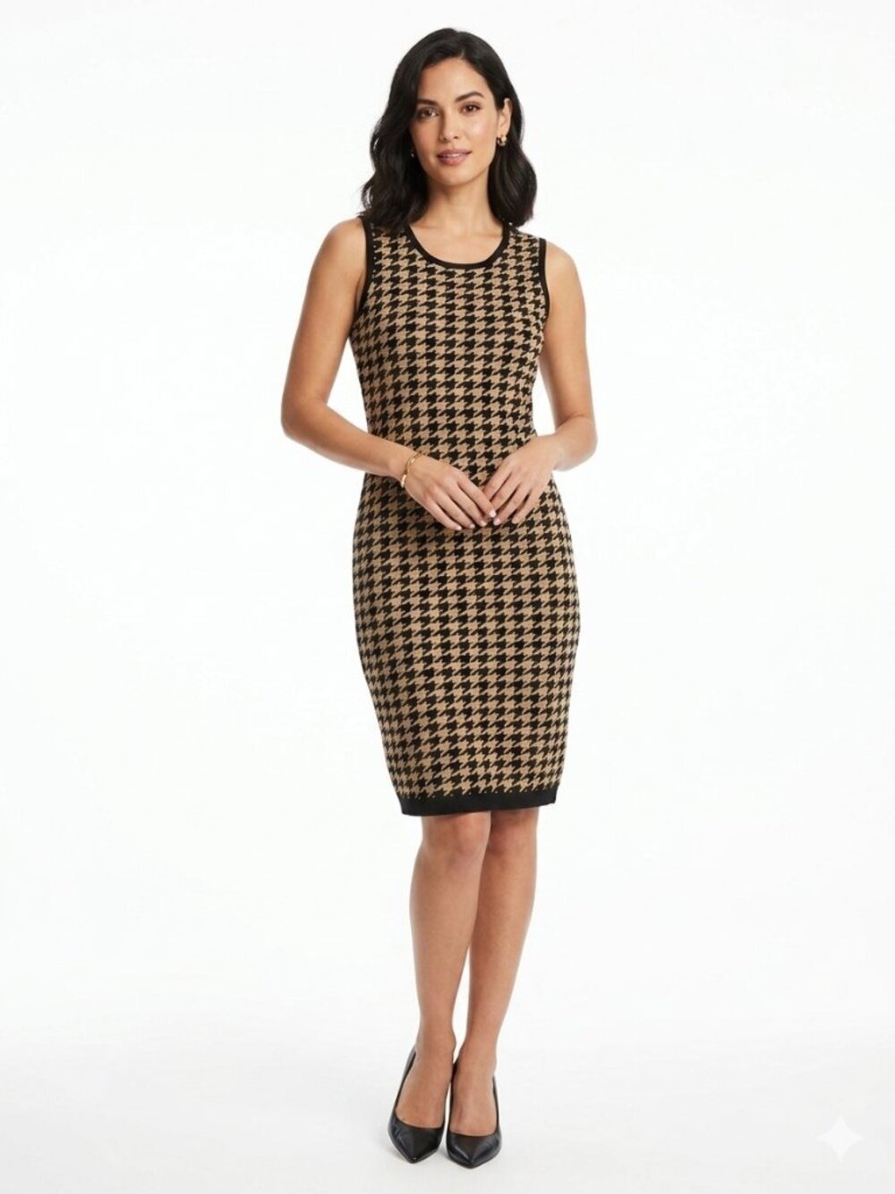 *Taylor Black Tan Houndstooth Midi Sheath Dress Sleeveless S